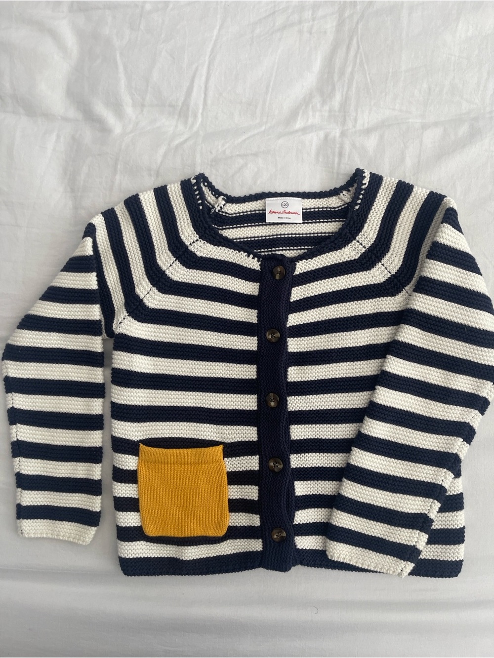 Hannah Anderson Striped Navy & White Knit Cardigan with Mustard Pocket - Kids